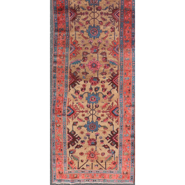 Measures: 3'3 x 15'8. Antique Persian Hamadan Long Runner with Geometric Motifs in Light Camel Field. Keivan Woven Arts /...