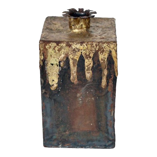Paul Evans Style Brutalist Iron & Brazed Brass Drip Square Vase, 1970 For Sale