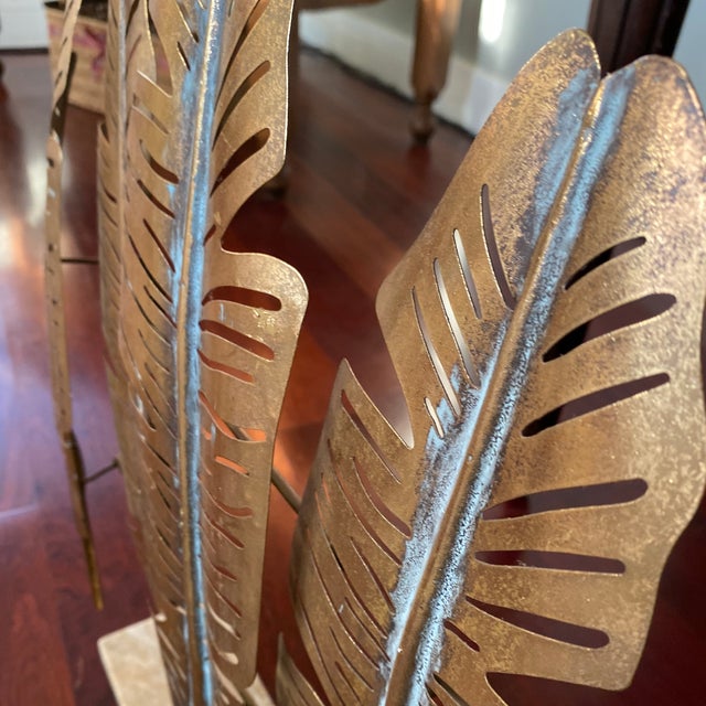 Banana Leaf Metal Sculpture With Distressed Gold Tone Finish Mounted on a Marble Base For Sale - Image 9 of 12