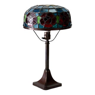 Antique Handel School Floral Leaded Stained Glass & Bronze Table Lamp C1920 For Sale