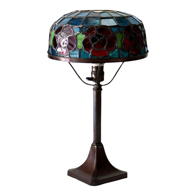 Antique Handel School Floral Leaded Stained Glass & Bronze Table Lamp C1920 For Sale