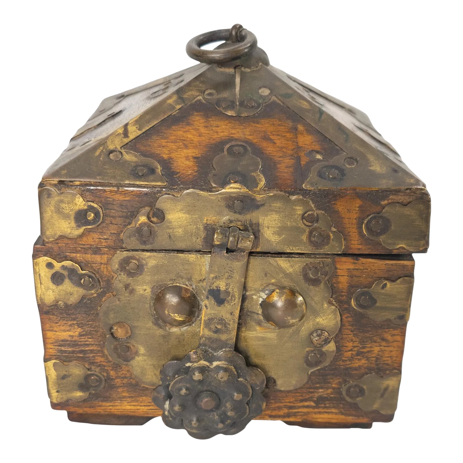 20th Century Chinese Brass Mounted Wood Casket Box | Chairish