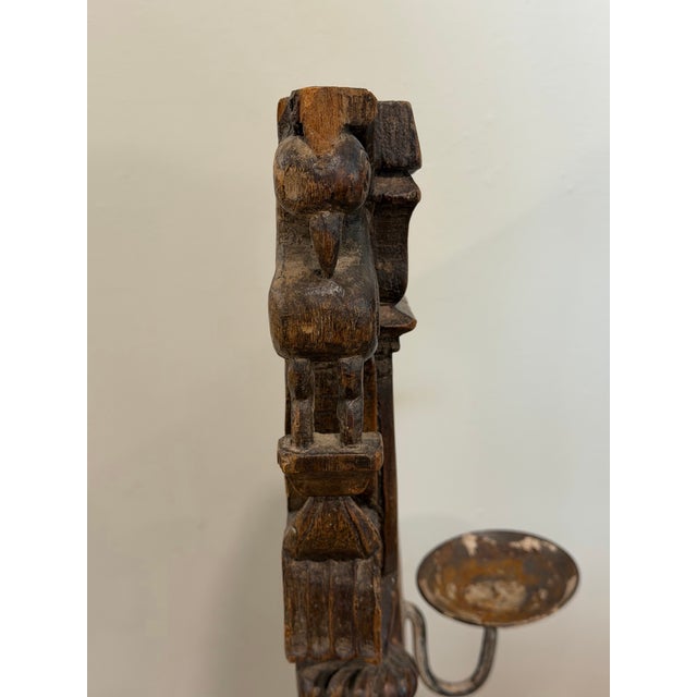 Vintage Indian Carved Wood Architectural Fragment on Iron Candle Stand For Sale - Image 11 of 12