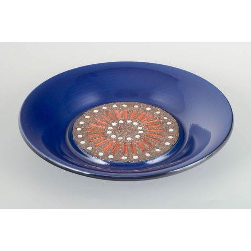 Mari Simmulson for Upsala Ekeby Large decorative dish, ca. 1960s. Hand-decorated ceramic dish featuring a dark, textured...