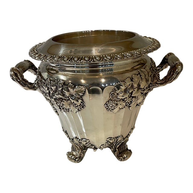 Antique Silverplated Sheffield Champagne Bucket With Two Handles and Elaborate Decoration For Sale
