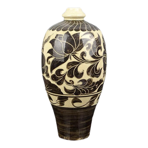 Vintage Chinese Porcelain Song Cizhou Kiln Porcelain Meiping Hand Painted Flowers and Child Pattern Vase, Cizhou Ware Ceramic Bottle