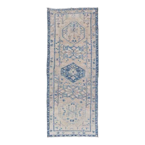 Vintage Persian Heriz Long Runner With Medallions in Tan, Light Brown and Blue