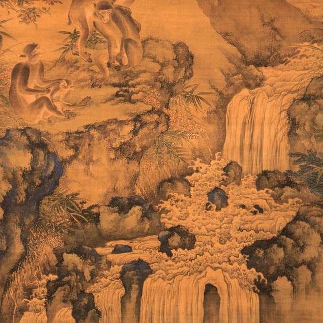 Mid 20th Century Post-1940s After "Landscape With Monkeys" by Shen Quan, Scroll on Rice Paper For Sale - Image 5 of 8