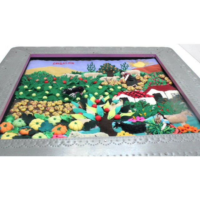 Vintage Framed Peruvian Arpillera Textile Folk Art – "Cosecha" Harvest Season For Sale - Image 4 of 8