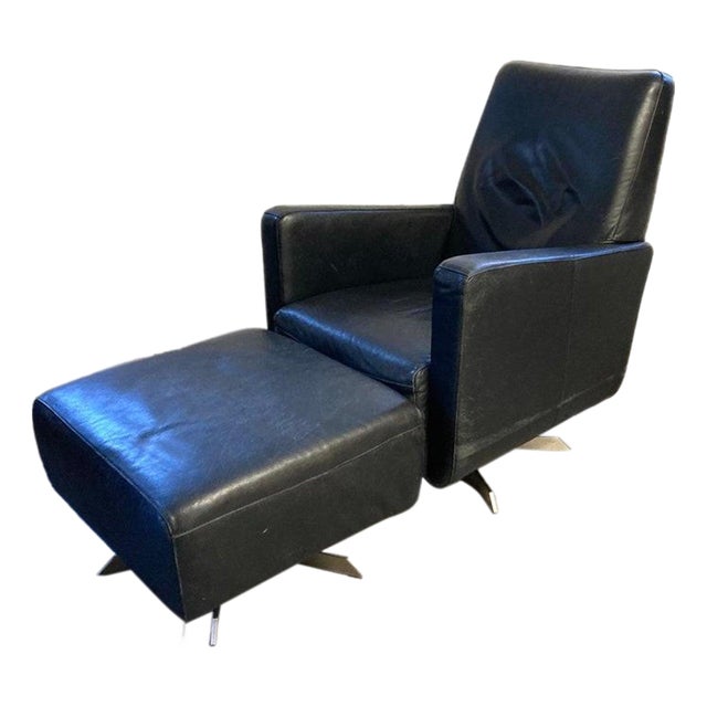Vintage Mid Century Italian Leather Black Lounge Chair With Ottoman For Sale