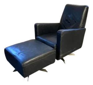 Vintage Mid Century Italian Leather Black Lounge Chair With Ottoman