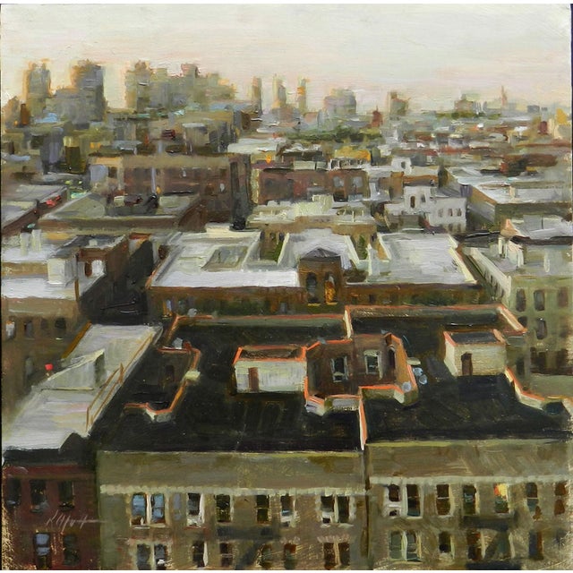 This oil painting captures a panoramic view of an urban landscape, showcasing a sea of rooftops and buildings bathed in...