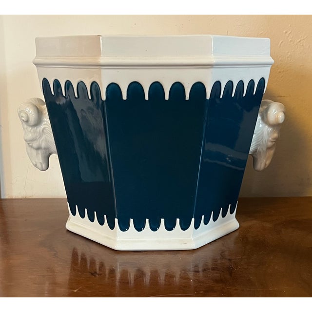Italian Mancioli Mid-Century Modern Ceramic Cachepot Planter With Ram's Head Handles For Sale - Image 10 of 13