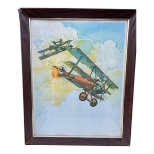 Vintage Framed Watercolor of the Red Baron World War L Fighter Plane