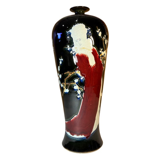 Vintage 23 In. Tall Black Porcelain Palace Vase Lady Courtesan in Enamel Relief For Sale - Image 10 of 18