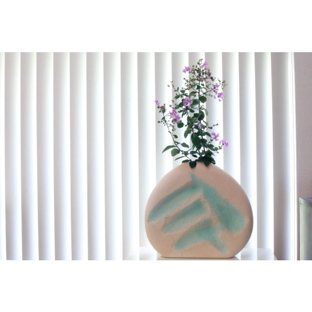 Ceramic 1980's Large Postmodern Pink and Turquoise Sculptural Ceramic Vase For Sale - Image 7 of 11