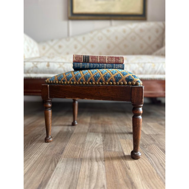 Late 19th Century Antique Mahogany Footstool With Custom Blue and Gold Upholstery For Sale - Image 5 of 5