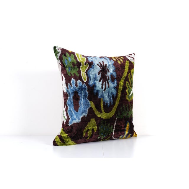 Mid-Century Modern Floral Silk Velvet Ikat Pillow – Brown, Blue, and Green Cushion Cover For Sale - Image 3 of 4