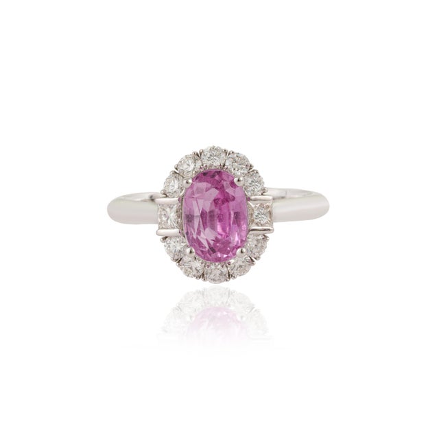 1.94ct Pink Sapphire Diamond Oval Engagement Ring for Her Size 8 in 18k Solid Gold For Sale - Image 4 of 16