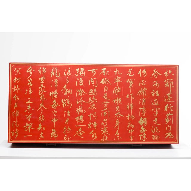 Contemporary Lawrence & Scott Hand-Painted Mandarin Red Inscription Wide Leather Box For Sale - Image 3 of 8