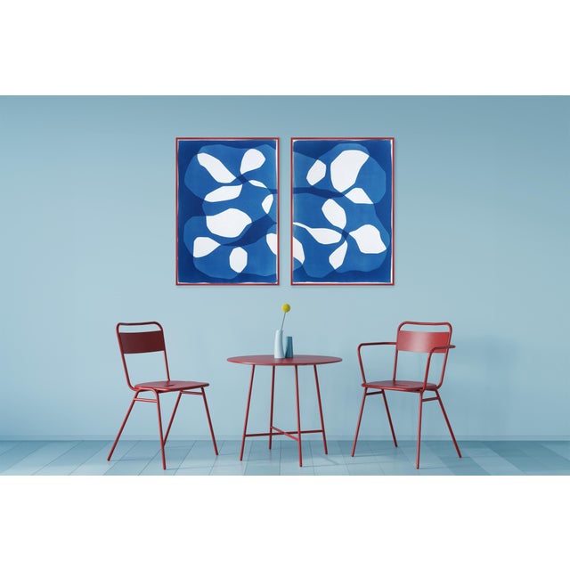 Abstract 2025, Abstract Geometric Diptych in White and Blue of Asteroid Belt, Handmade Unique Monotype Cyanotype on Watercolor Paper For Sale - Image 3 of 9