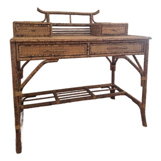 Vintage British Colonial Style Faux Burnt Bamboo and Grasscloth Pagoda Desk For Sale