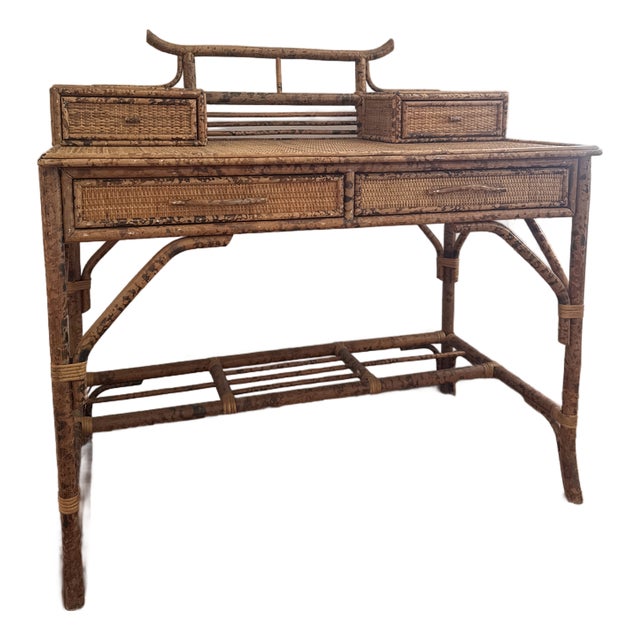 Vintage British Colonial Style Faux Burnt Bamboo and Grasscloth Pagoda Desk For Sale