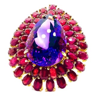 Bochic “Orient” Vintage Natural Ruby & Amethyst Ring Set In 18 K Gold & Silver For Sale