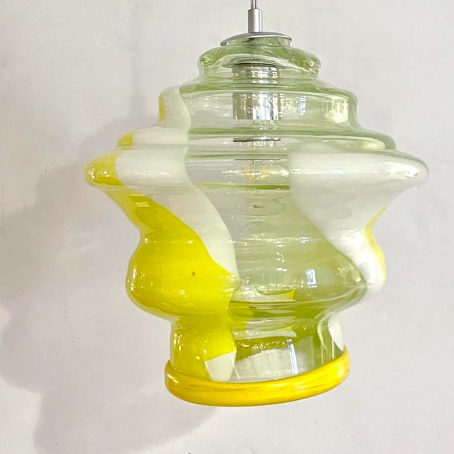 Bespoke Italian Organic Lemon Yellow White Step Tulip Murano Glass Pendant Light For Sale - Image 4 of 13