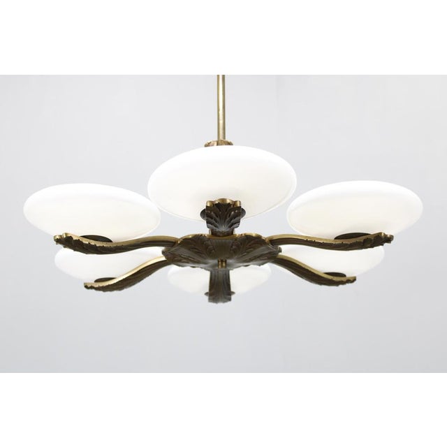 1930s Art Deco Brass Chandelier with 6 Glass Shades, Former Czechoslovakia, 1930s For Sale - Image 5 of 16