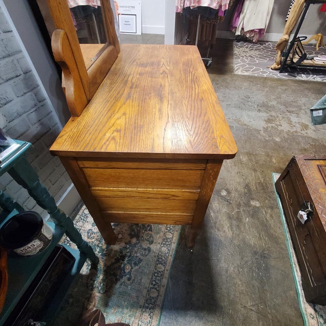 Early 20th Century Three Drawer Oak Vanity Dresser With Arched Beveled Mirror For Sale - Image 4 of 11