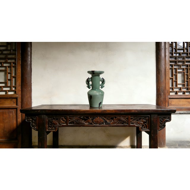 Art Deco Chinese Ceramic Vase Longquan Ware Celadon Vase Hand Carved Double Dragon Ears For Sale - Image 3 of 11