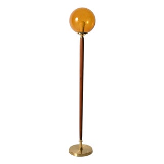 Teak and Amber Glass Floor Lamp, 1960s For Sale