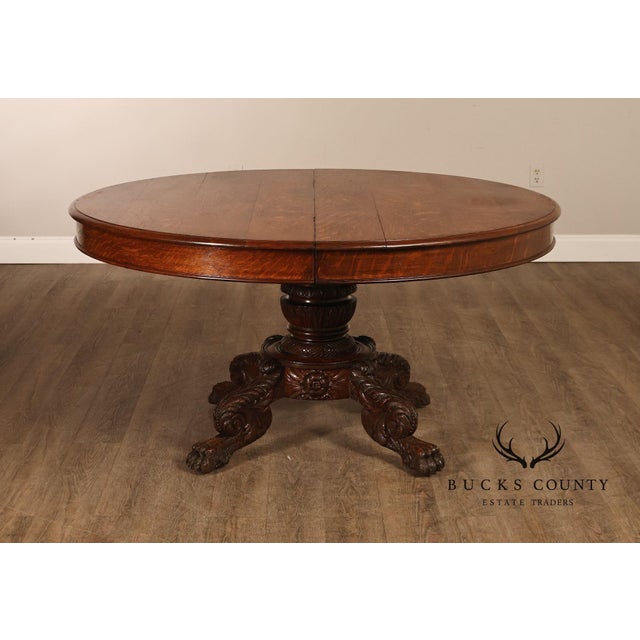Brown Antique 57" Round Oak Pedestal Dining Table With Carved Claw Feet For Sale - Image 8 of 18