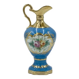 Vintage Limoges France Decor Main Porcelain Miniature Blue Floral Urn Pitcher For Sale