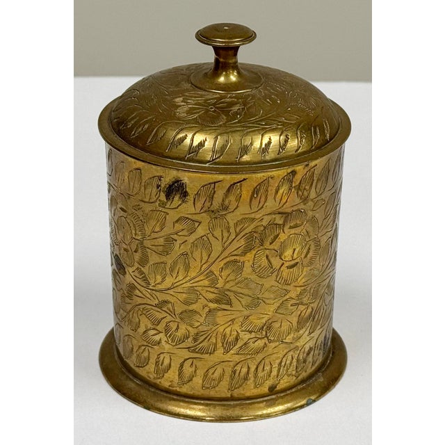Mid 20th Century Vintage Brass Indian Etched Floral Lidded Jar For Sale - Image 5 of 7