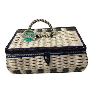 Small Vintage Blue and White Sewing Basket For Sale