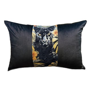 Handmade Panther Velvet Lumbar Cushion Cover For Sale