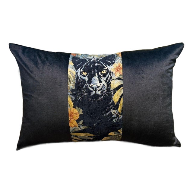 Handmade Panther Velvet Lumbar Cushion Cover For Sale