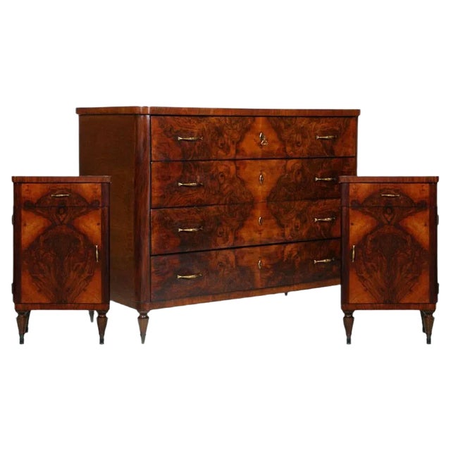 Art Deco Italian Commode & Nightstands in Burl Walnut from La Permanente Mobili Cantù, 1920s, Set of 3 For Sale