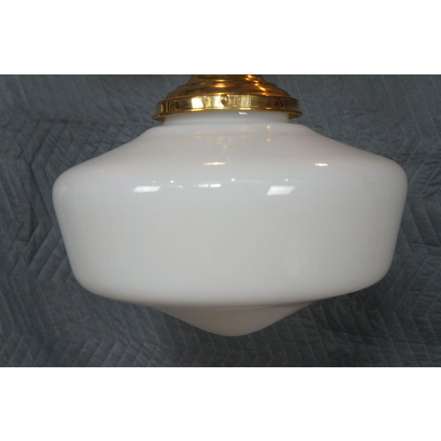 Vintage Brass Milk Glass Schoolhouse Hanging Pendant Swag Light Chandelier For Sale - Image 4 of 12