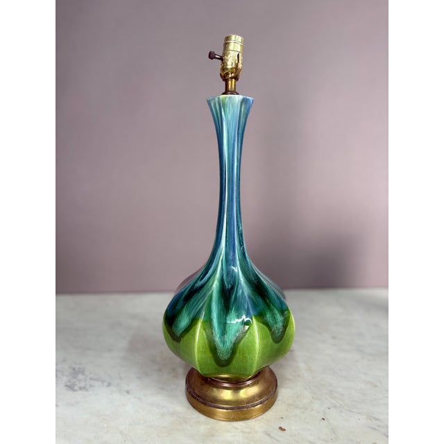 Angular onion shaped vase pottery with pointed blue drip glaze over green glaze. Brass base & socket. Gorgeous blue &...