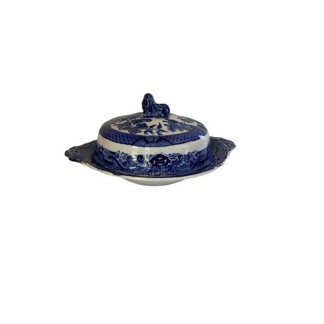 Antique E.B. &amp; J.E.L. Blue Willow Covered Butter Muffin Dish Original ;Ceramic Liner Made in Staffordshire, England...
