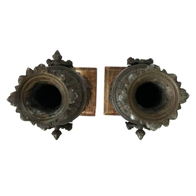 Brown Pair of Antique Late 19th Century French Bronze Urns Cassolettes Marble Bases For Sale - Image 8 of 12