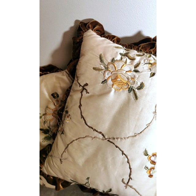 Vintage Silk & Velvet Italian Embroidered Pillows- a Pair For Sale - Image 4 of 11
