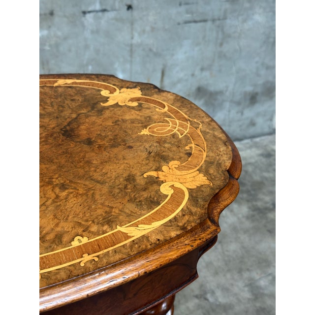 19th C English Burl Walnut Sewing Table Barley Twist Legs 1857 For Sale - Image 9 of 15