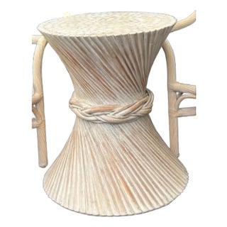 McGuire Attributed Sheaf of Wheat Twisted Bamboo Pedestal Table in a Coastal White Washed Color. Perfect Size for Dinette or Game Table. For Sale