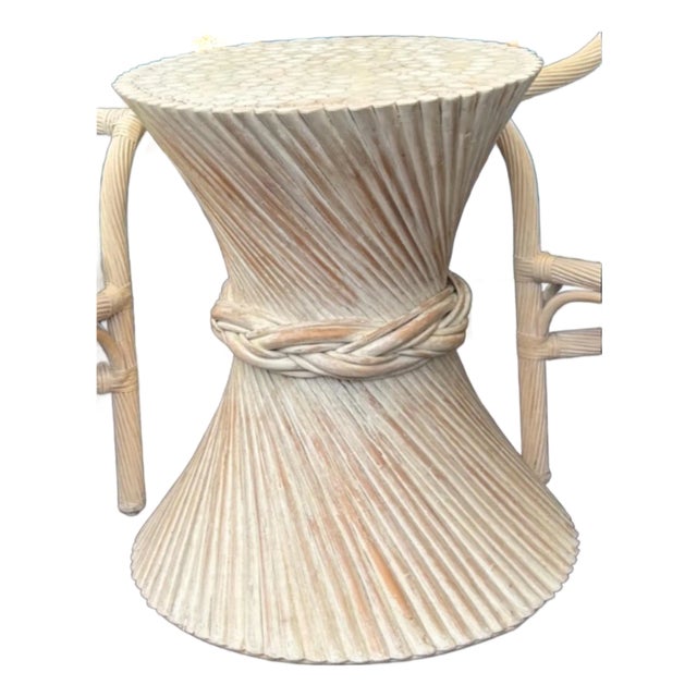 McGuire Attributed Sheaf of Wheat Twisted Bamboo Pedestal Table in a Coastal White Washed Color. Perfect Size for Dinette or Game Table. For Sale