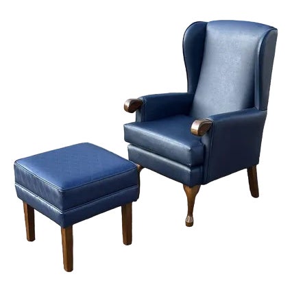 Set of Blue Leather Armchair & Foot Stool For Sale
