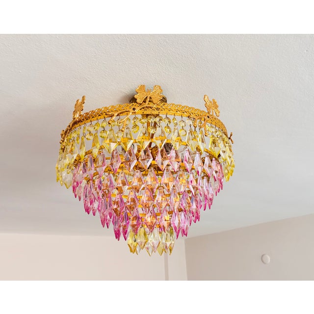 1970s Vintage Brass Butterfly Motif Flush Mount Chandelier With Pink & Green Crystals – 6 Light For Sale - Image 6 of 14